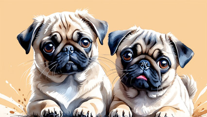 Two pug puppies resting side by side on a beige background. 
