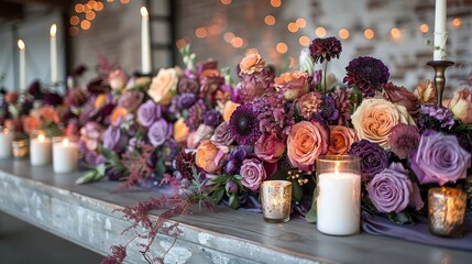   A long table, topped with an array of purple and orange blossoms In front, a row of lit candles rests against a brick wall - obrazy, fototapety, plakaty