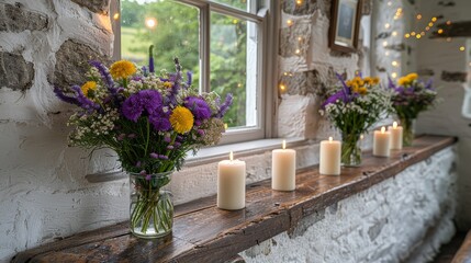 Fototapeta na wymiar A window sill adorned with a floral arrangement in a vase and lit candles before it