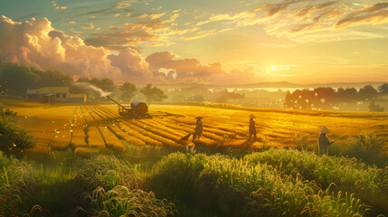 Workers Harvesting Crops in a Sunlit Golden Field at Dawn