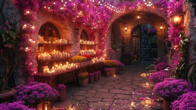   A room adorned with numerous violet blooms against a backdrop of lit candles and a stone wall, blanketed in purple flowers