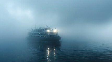 Naklejka premium Misty Morning Ferry Journey Across Calm Waters