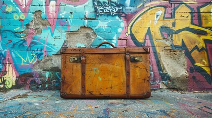 Luggage by graffiti covered wall