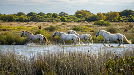 Wild horses roaming through marshes, plains, and ponds of the Camargue region in Southern France. - obrazy, fototapety, plakaty
