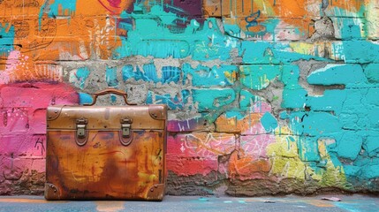 Luggage resting in front of colorful wall