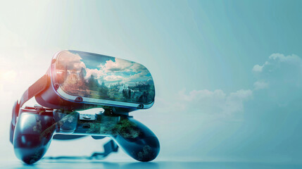 A double exposure showcasing a modern gaming controller with a virtual reality headset Faint outlines of a fantastical landscape are visible through the headset