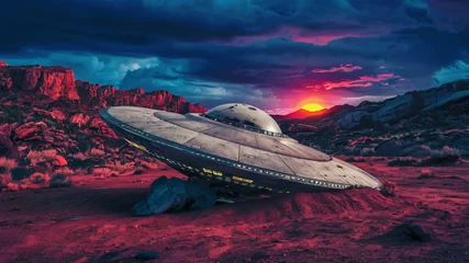 Fotobehang A UFO flying saucer crashed in rocky west at sunrise © Steve Woron
