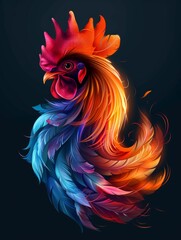 A colorful rooster with feathers on a black background. A magical creature made of fire.