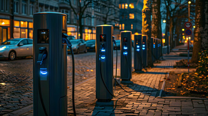 An electric vehicle charging station in a public parking area, illustrating the shift towards sustainable automotive solutions