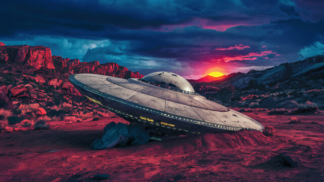 A UFO flying saucer crashed in rocky west at sunrise