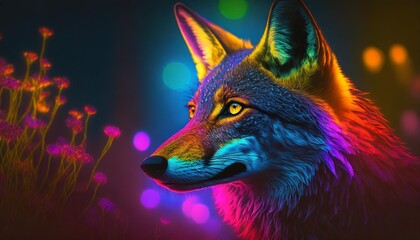 wolf neon digital art jackal animal ai generated - obrazy, fototapety, plakaty