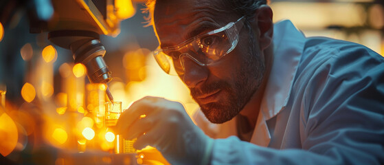 A close up shot of a scientist in a lab coat carefully pipetting a liquid into a test tube Sunlight streams through a window
