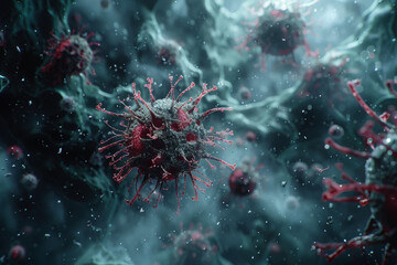 A digital animation depicting a virus mutating and evolving, highlighting the challenges of developing long term effective treatments Space for text or title, copy space