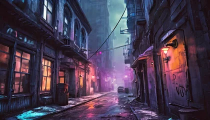 Türaufkleber cyberpunk post apocalyptic dystopian winter city narrow street neon lights concept art digital painting cinematic © Josue