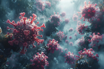 A digital animation depicting a virus mutating and evolving, highlighting the challenges of developing long term effective treatments Space for text or title, 