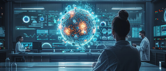 A digital illustration of a futuristic laboratory with scientists working amidst advanced equipment In the foreground