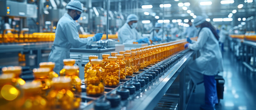 A digital illustration of a bustling pharmaceutical factory floor, with diverse scientists collaborating on the production of life saving medications Space for text or title