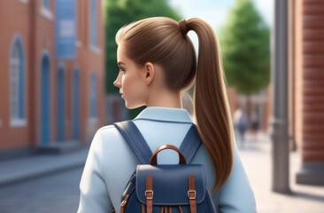 A girl with a ponytail and a backpack on her back goes to school. Getting an education