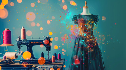 A double exposure blending a sewing machine with colorful thread spools with a finished garment hanging on a dress form 