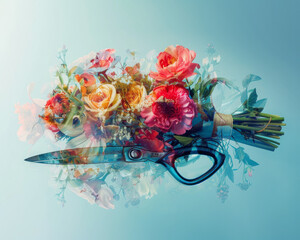 A double exposure blending a vibrant bouquet of flowers with a pair of gardening shears Faint outlines of a botanical sketch are visible on the shears, 
