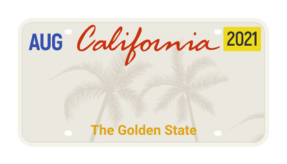 California license vector plate sign. American metal road California license plate symbol template