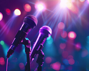 A double exposure featuring a set of karaoke microphones with a brightly lit stage in the background Faint outlines of a cheering crowd are visible