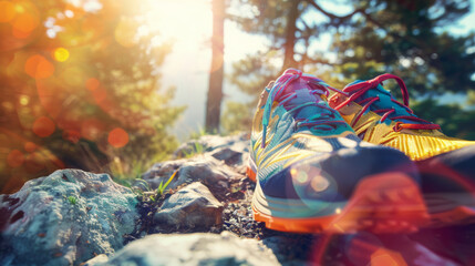 A double exposure featuring a set of well worn running shoes with colorful laces blending with a scenic mountain trail 