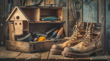 A double exposure featuring a weathered pair of work boots with clean laces blending with a toolbox with open compartments revealing various well maintained tools 