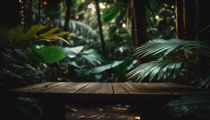 wooden table in the jungle against the background of tropical leaves generative ai