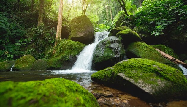 wonderful green landscape with green moss and waterfall at the tropical rain forest breathtaking primitive forest and evergreen nature landscape beautiful green moss growing on stone in deep jungle