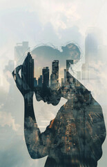 A double exposure of an urban skyline and the silhouette of a person holding their head in pain, symbolizing city life stress and mental health issues, with muted colors for a calm