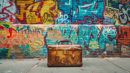 Abandoned luggage in front of graffiti-covered wall