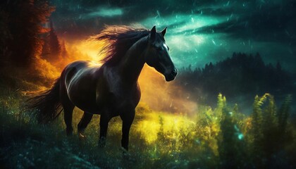 fantasy illustration of a wild horse digital art style wallpape - obrazy, fototapety, plakaty