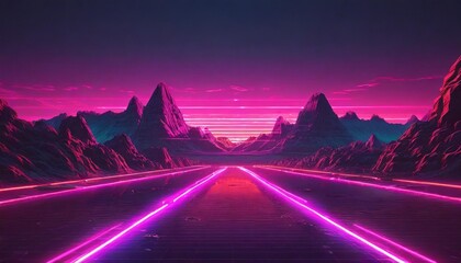 synthwave 3d retro cyberpunk style landscape background banner or wallpaper bright neon pink and...