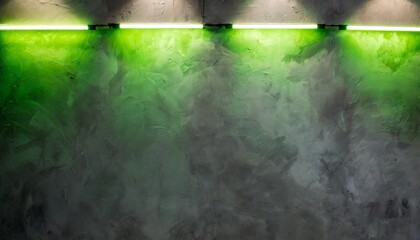 concrete wall with green neon light line on dark grey background with white lights from above