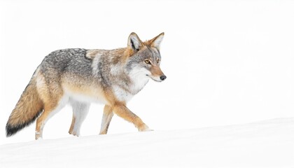 a lone coyote canis latrans isolated on white background walking and hunting in the winter snow - Powered by Adobe