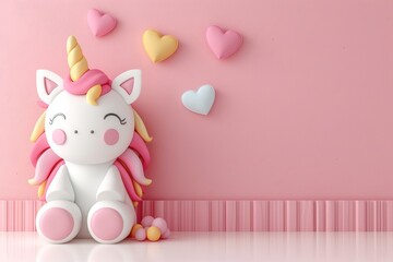 A stuffed unicorn sitting in front of a pink wall.