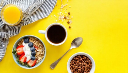 healthy breakfast set with coffee and granola overhead view copy space yellow background