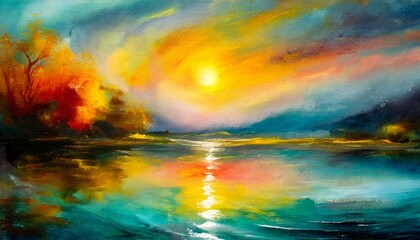 sunset emotional painting water ripples oil on canvas in an emotional watercolor style surreal...