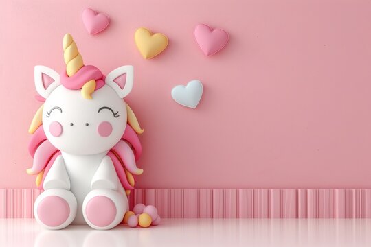 A stuffed unicorn sitting in front of a pink wall.