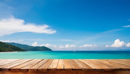 desk of free space and summer beach landscape