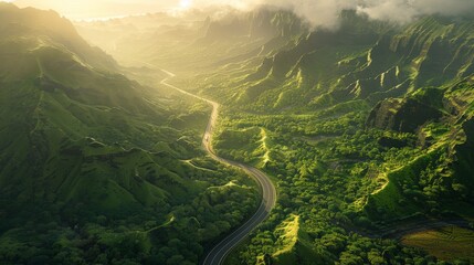 Aerial view of winding road in mountain range