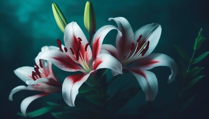 Fototapeta na wymiar floral masterpiece showcasing white and red lilies against a vibrant green and blue backdrop