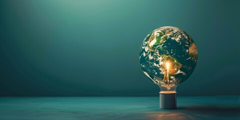 Earth-shaped Light Bulb on Green Background. Generative AI