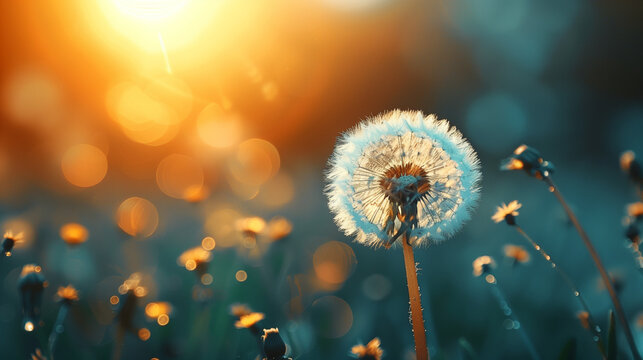 A dandelion is the main focus of the image, surrounded by other flowers