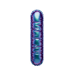 Letter I in the form of a blue-green and purple foil balloon isolated on a transparent background. PNG 3D render. Letter of the Latin alphabet. Metallic volumetric letter with matte texture. Holograph