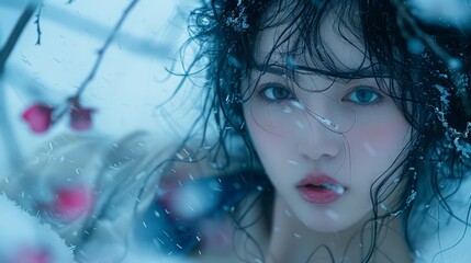   A woman's face, fully submerged in water, with hair billowing in the wind