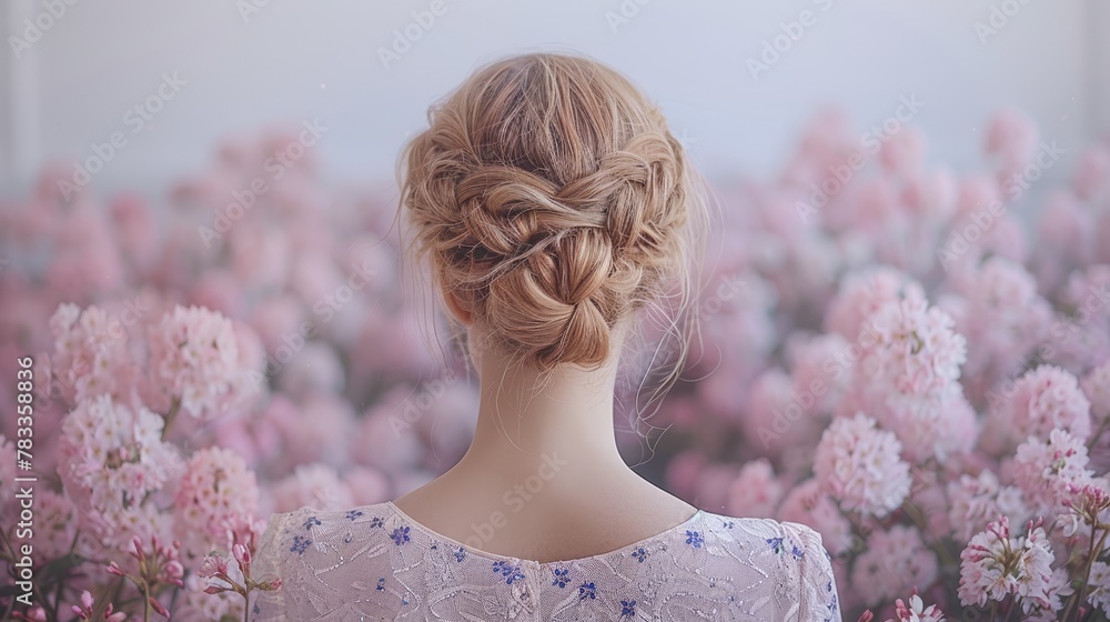 Sticker a woman with a braided ponytail stands amidst a pink flower field