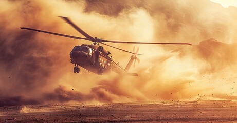 Fototapeta na wymiar Military chopper takes off in combat and war flying into the smoke and chaos and destruction. Military concept of power, force, strength, air raid. Portrait View. AI generated illustration