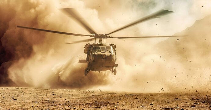 Military chopper takes off in combat and war flying into the smoke and chaos and destruction. Military concept of power, force, strength, air raid. Portrait View. AI generated illustration